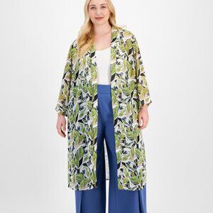 Anne Klein Plus Size Printed Open-Front Duster Jacket - Black/Bay Leaf 1X NWT